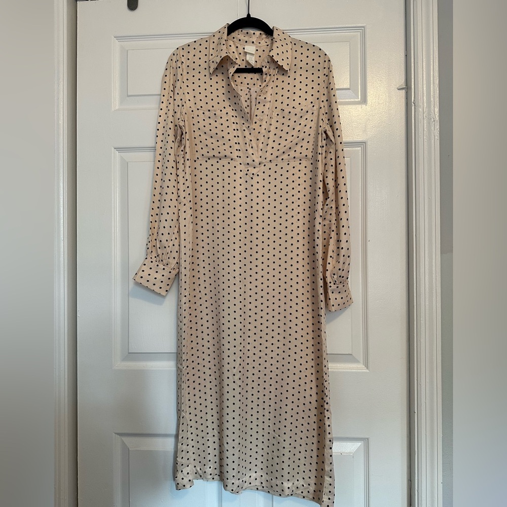 H&M Cream Long-Sleeve Polka Dot Midi Dress
